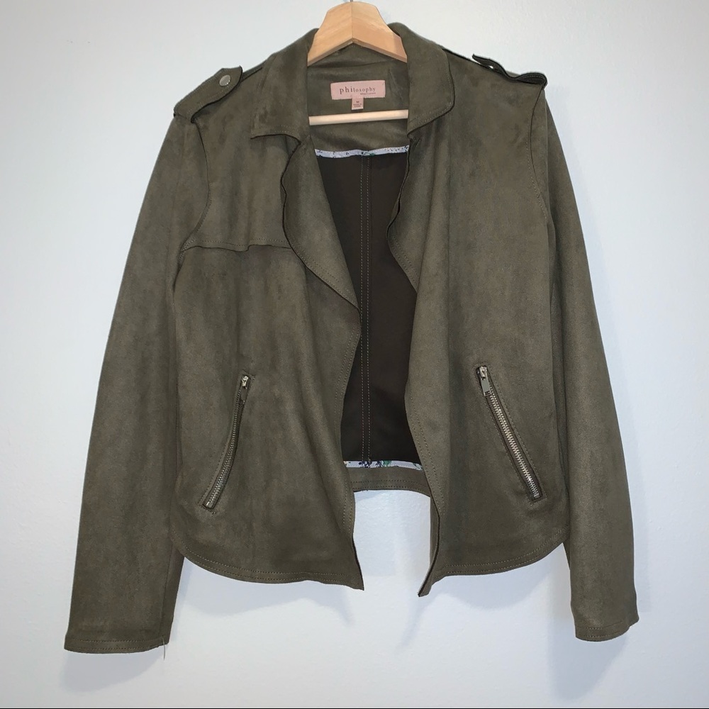 Philosophy | Olive Green Suede Open Drape Moto Jacket - Picture 2 of 5